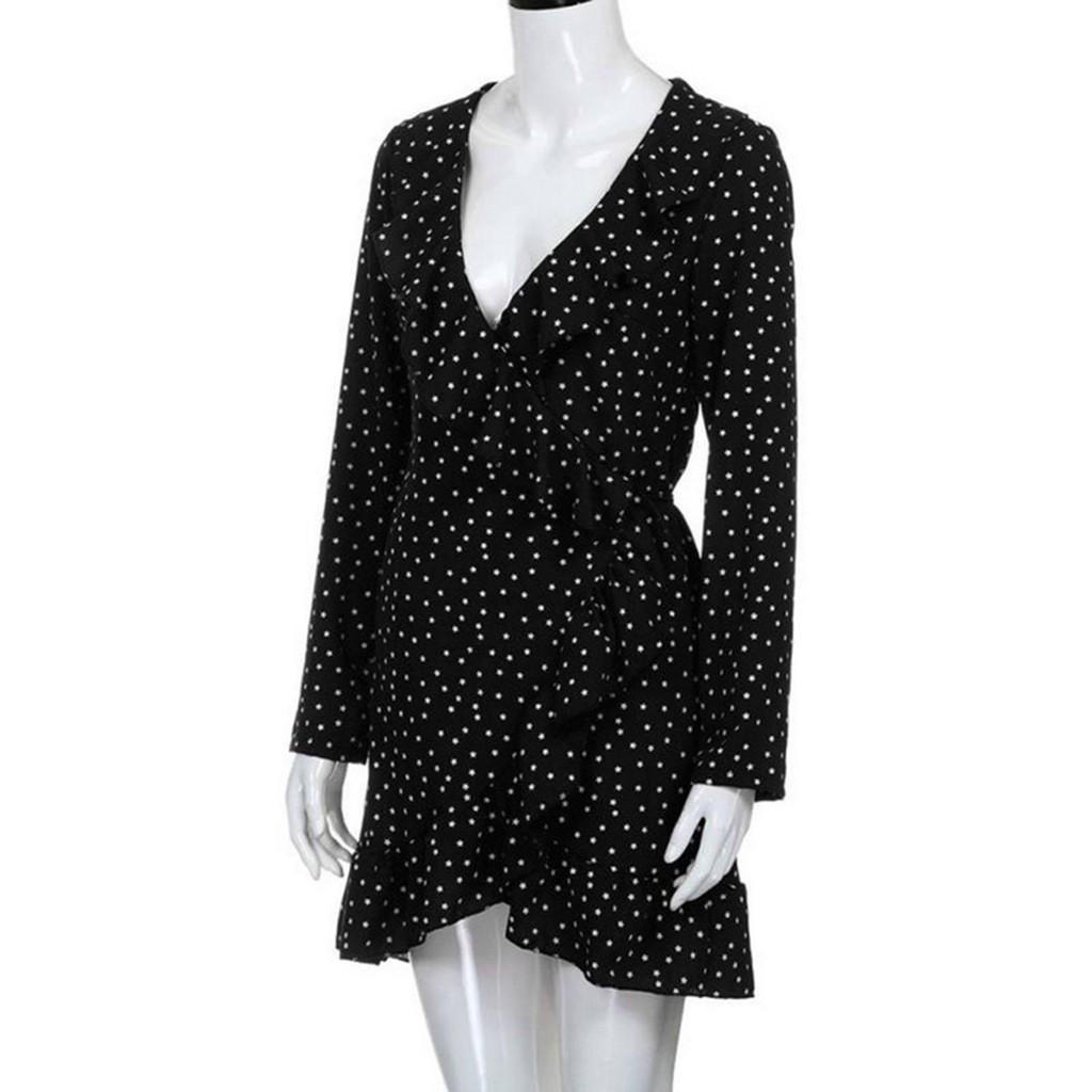 Elegant 128 Digital Print Irregular Ruffle Hem Polka Dot Deep V Chiffon Dress For Stylish Adults