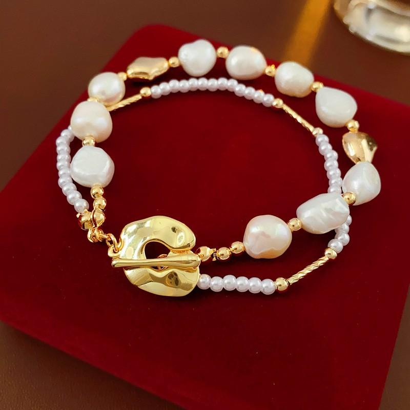 Elegant Gold Plated Double Layer Freshwater Pearl Bracelet Women French Vintage Style Irregular Geometric Design Chic