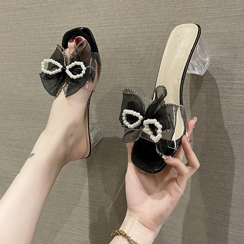 Fairy style slippers female summer outer wear 2025 new crystal thick heel pearl bow transparent high heel cool slippers
