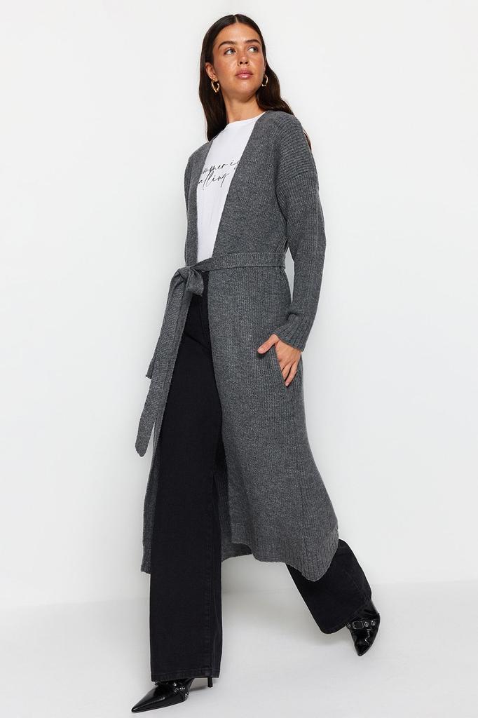 Women's Fashionable Stylish Hijab Cardigan Anthracite Belted Long Thessaloniki Knitted Knitwear Cardigan