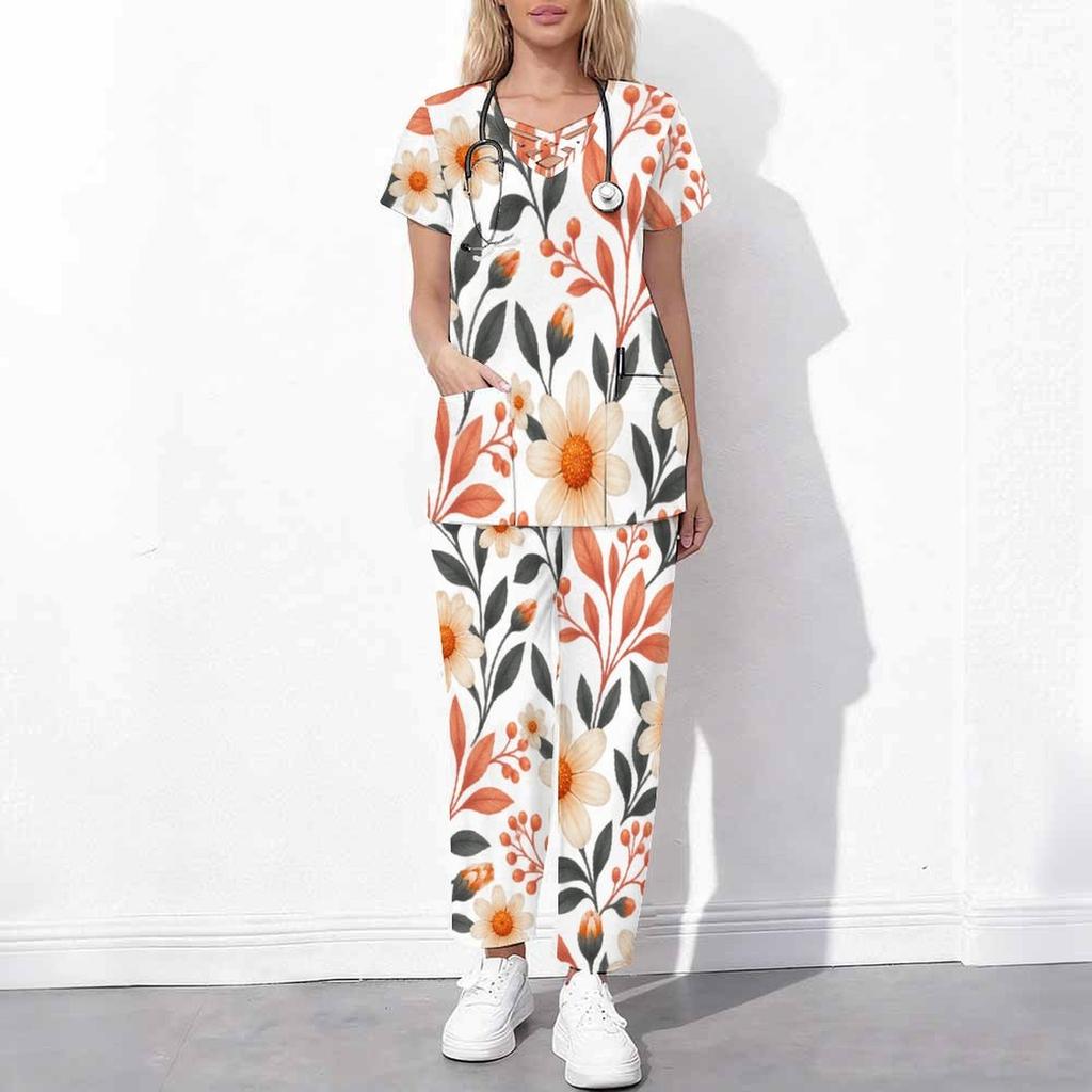 Women Plus Size Floral Printed Scrub Set Cutout Neck Short Sleeve Pocket Top Long Pants Two Piece