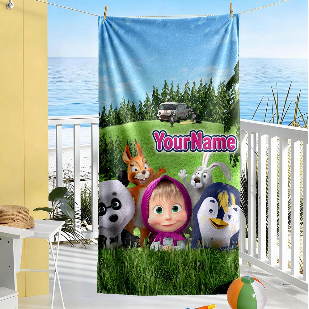 Masha Bear Customize Text Beach Towel Soft Durable Quick-Dry For Beach Bathroom Outdoor Swimming Pool Camping Picnic Yoga Diving Vacation Accessories