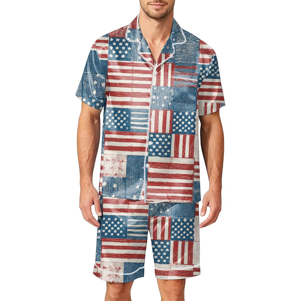 Men Satin Short Sleeve Pajama Set Two Piece Sleepwear with Shorts and Pocket Lightweight Smooth Fabric Comfortable Fit