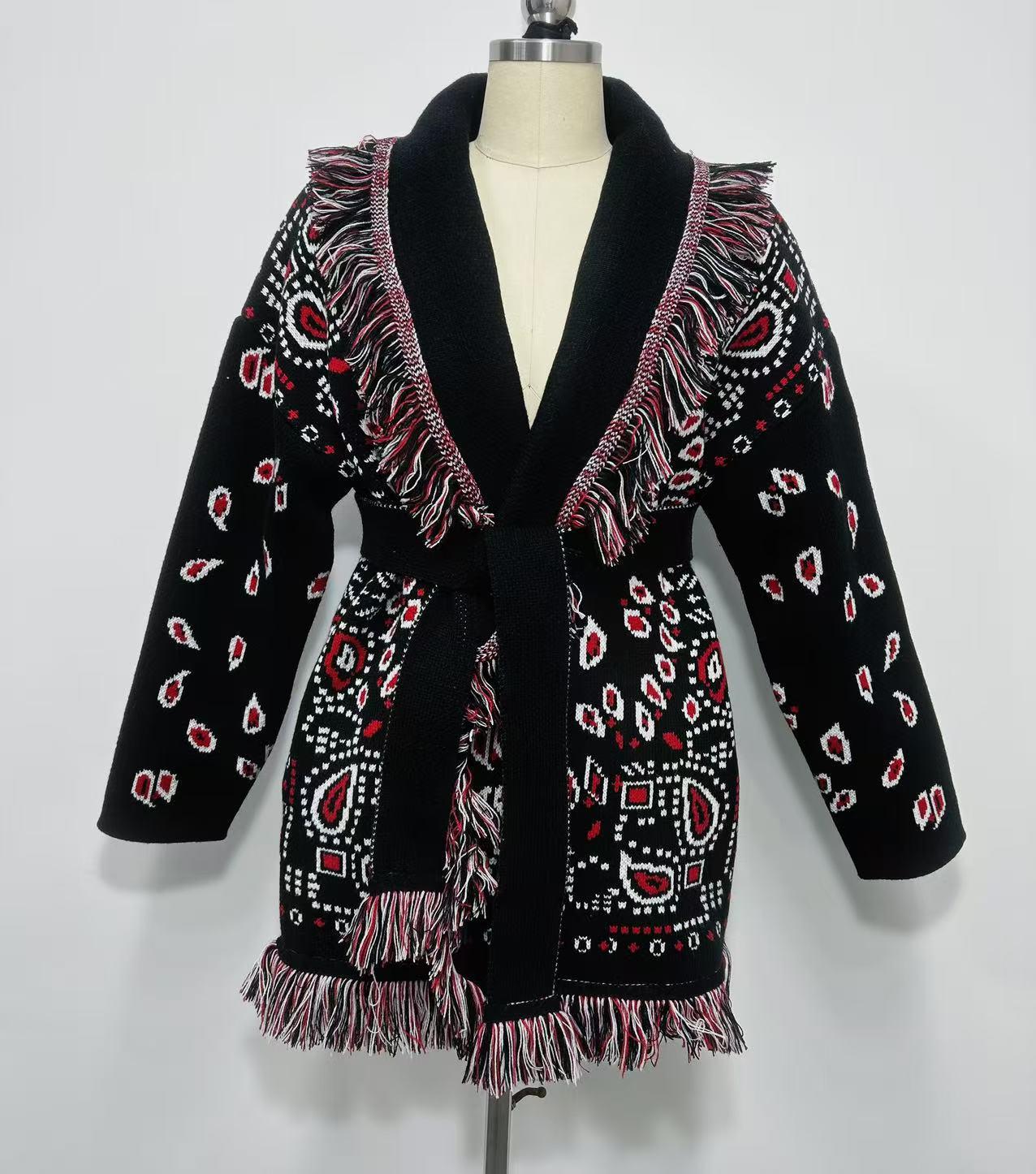 

Bohemian Cashew Flower Tassel Lace-up Mid-length Cardigan Coat (2026) Large