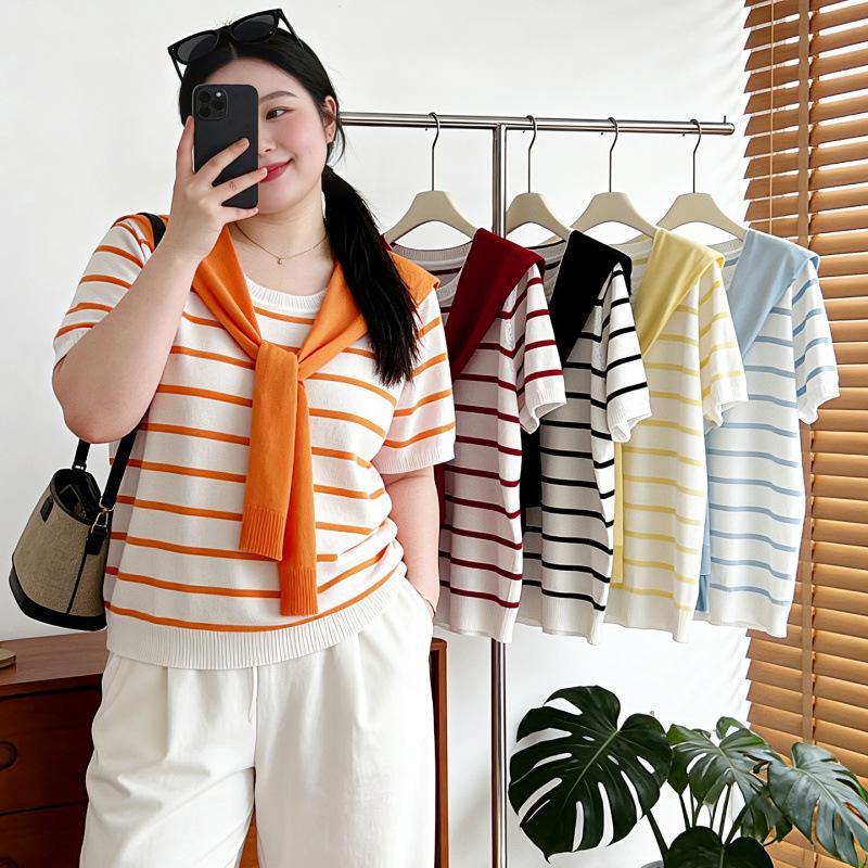 

Plus Size Slim-Fit Shawl & Knitted Short-Sleeve T-Shirt Set for Women 4XL чорний