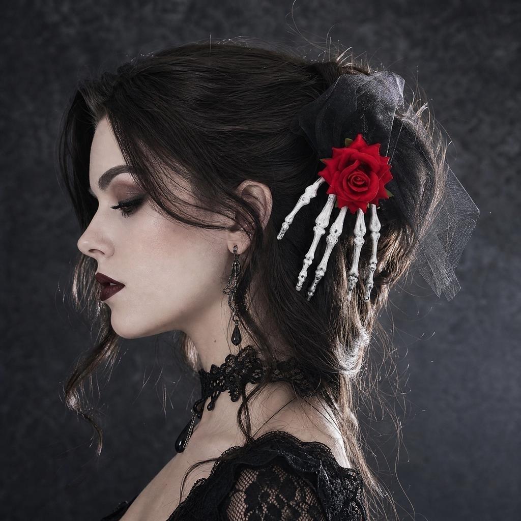 Halloween Gothic Hand, Dark Rose Hair Accessory for Women, Party Costume Prop