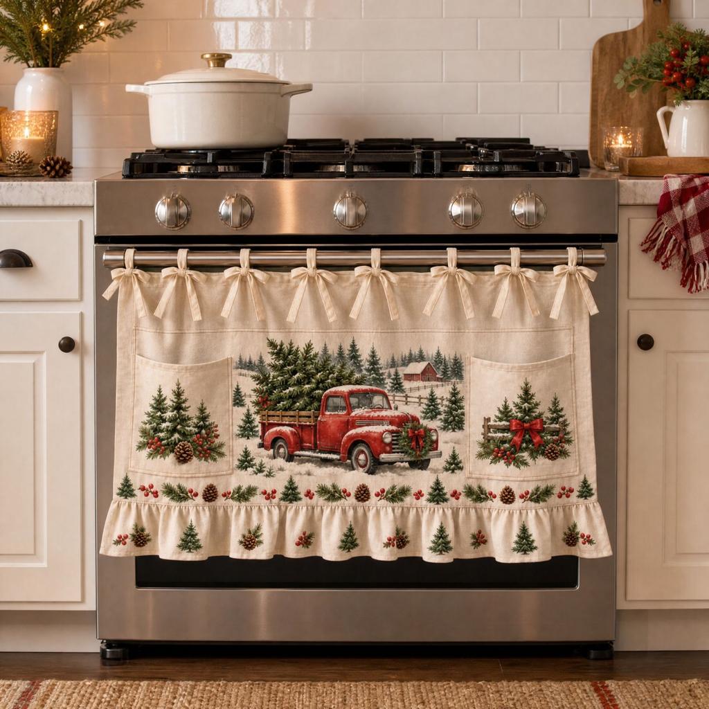 Christmas Kitchen Tie-Waist Half Oven Cover for Holiday Cooking