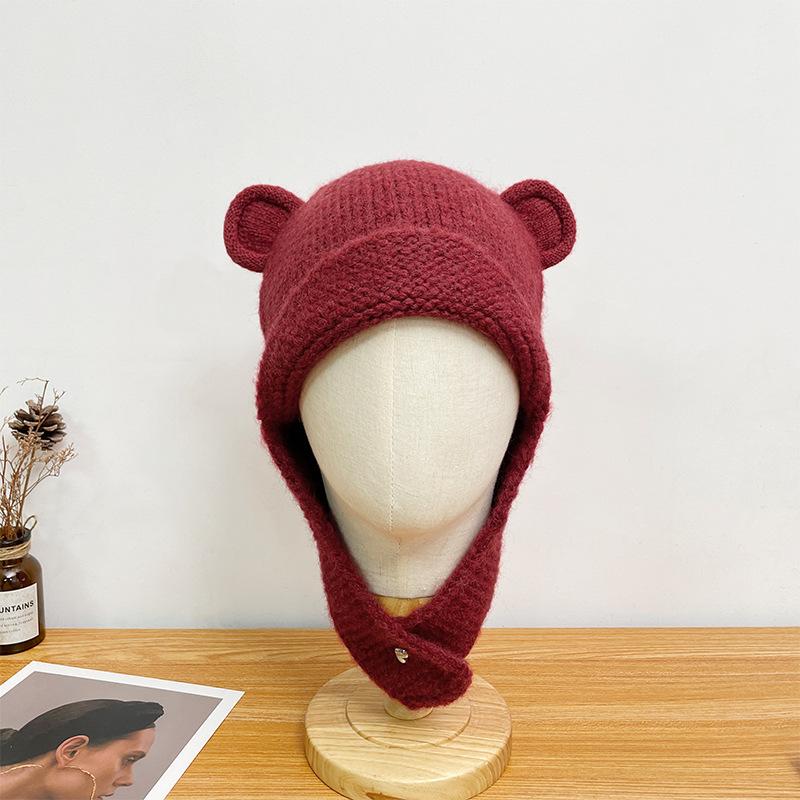 Cute Bear Ears Knitted Woolen Hat for Women in Autumn and Winter Versatile Face Showing Small Solid Color Hat Warm and Ear Protecting Lei Feng Hat