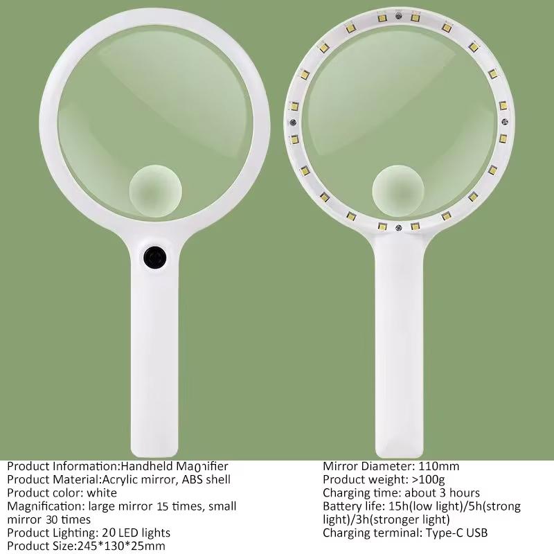 Handheld Magnifier 10/15/30x Usb Rechargeable Illuminated Magnifying Glass With 3 Light Modes For Reading Repair
