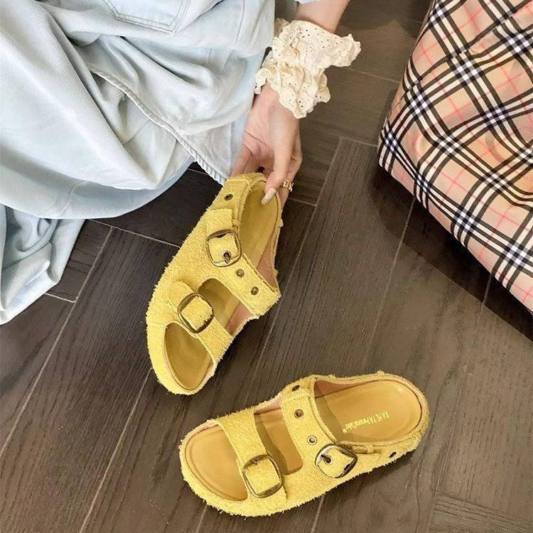 Cowhide Version Retro Niche Belt Buckle Thick-soled One-word Slippers Women Wear Versatile Beach Cool Slippers