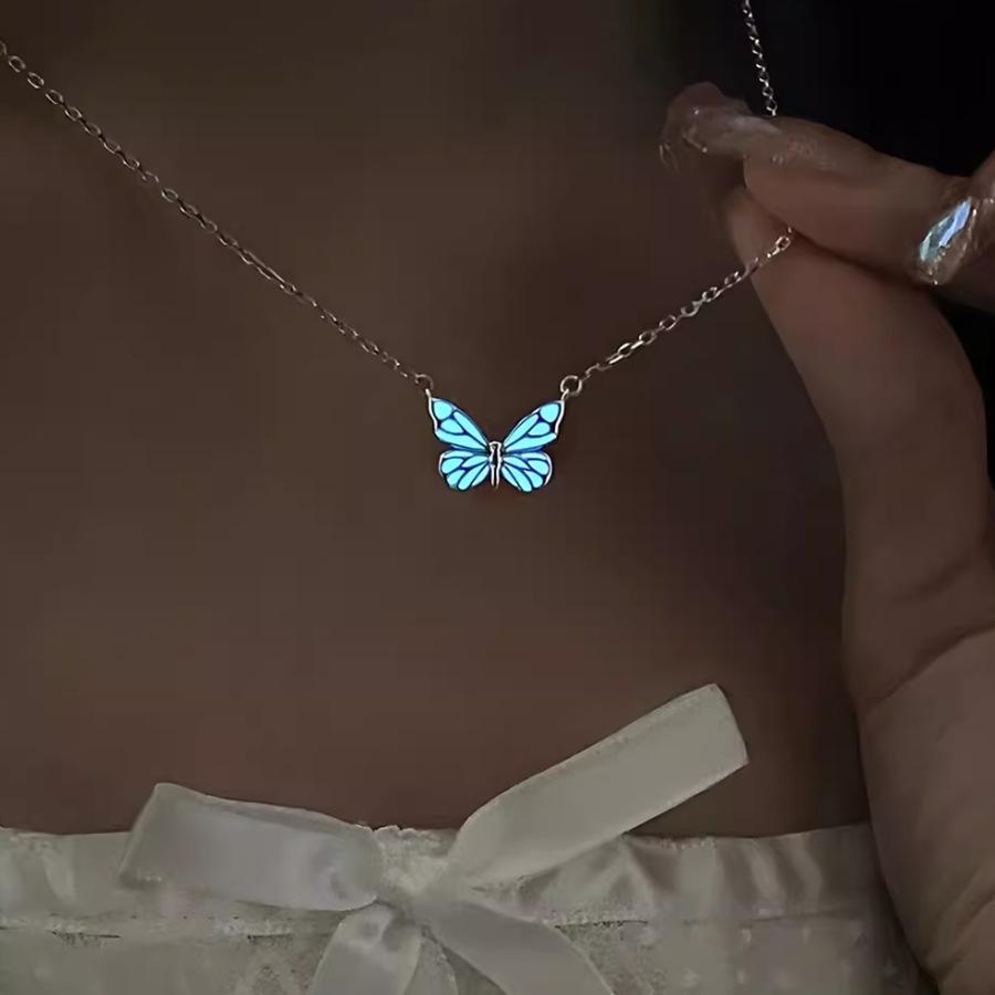 Blue Luminous Butterfly Pendant Necklace, Light Luxury Exquisite Style Niche Design Collarbone Chain Necklace