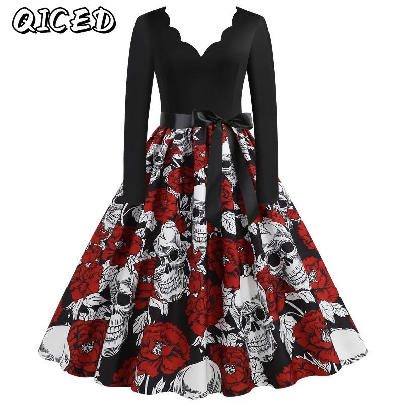 QICED Fashion Spring Autumn Long Sleeve V-Neck Casual Dresses