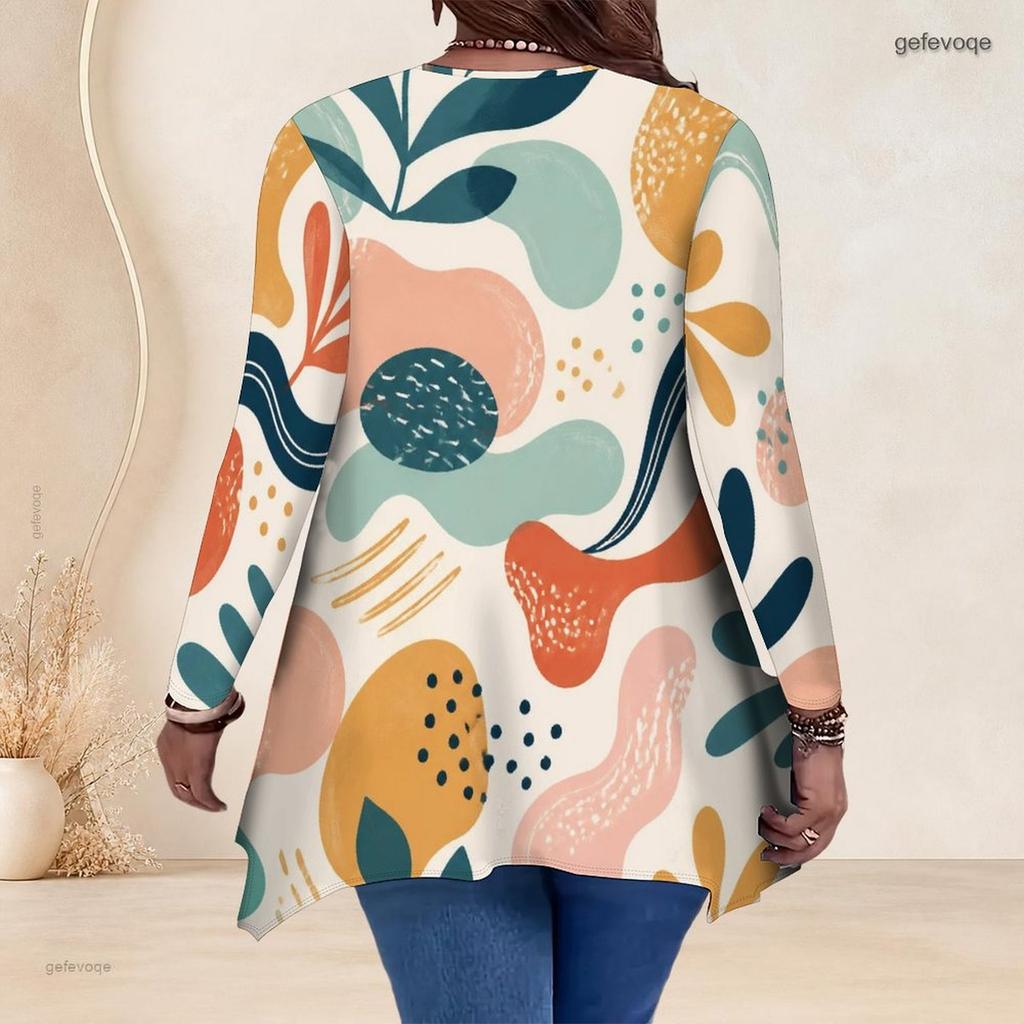 Women Plus Size V Neck Long Sleeve Printed Asymmetric Hem Flared Top