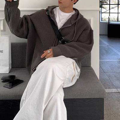 Pánský podzimní zimní svetr kabát s kapucí se stahovací šňůrkou volný zapínání na zip dlouhý rukáv stahovací šňůrka střední délka jednobarevný retro pletený