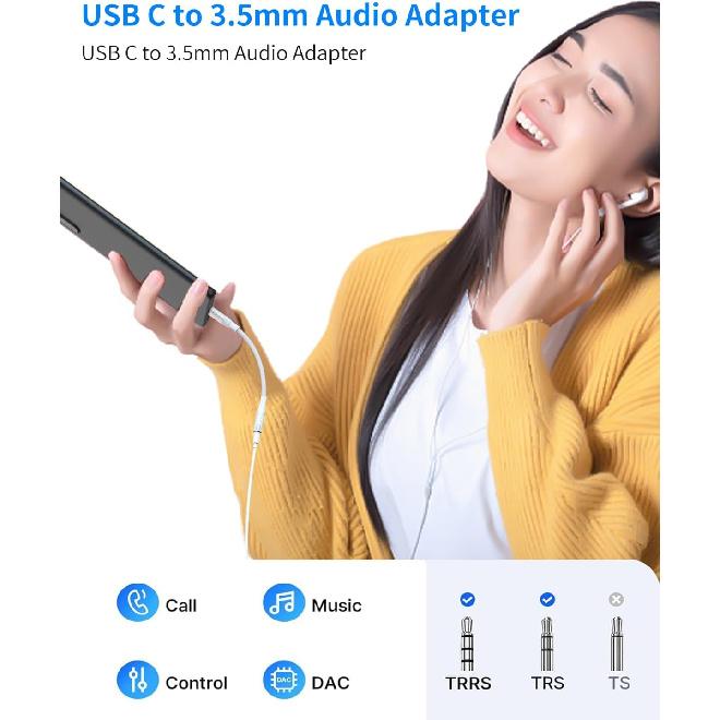 USB Type C to 3.5mm Headphone Jack Adapter(2 Park),Transparent USB C to Audio AUX Cable Dongle Cord Compatible with iPhone 15/16 pro max,Pixel 4 3 2