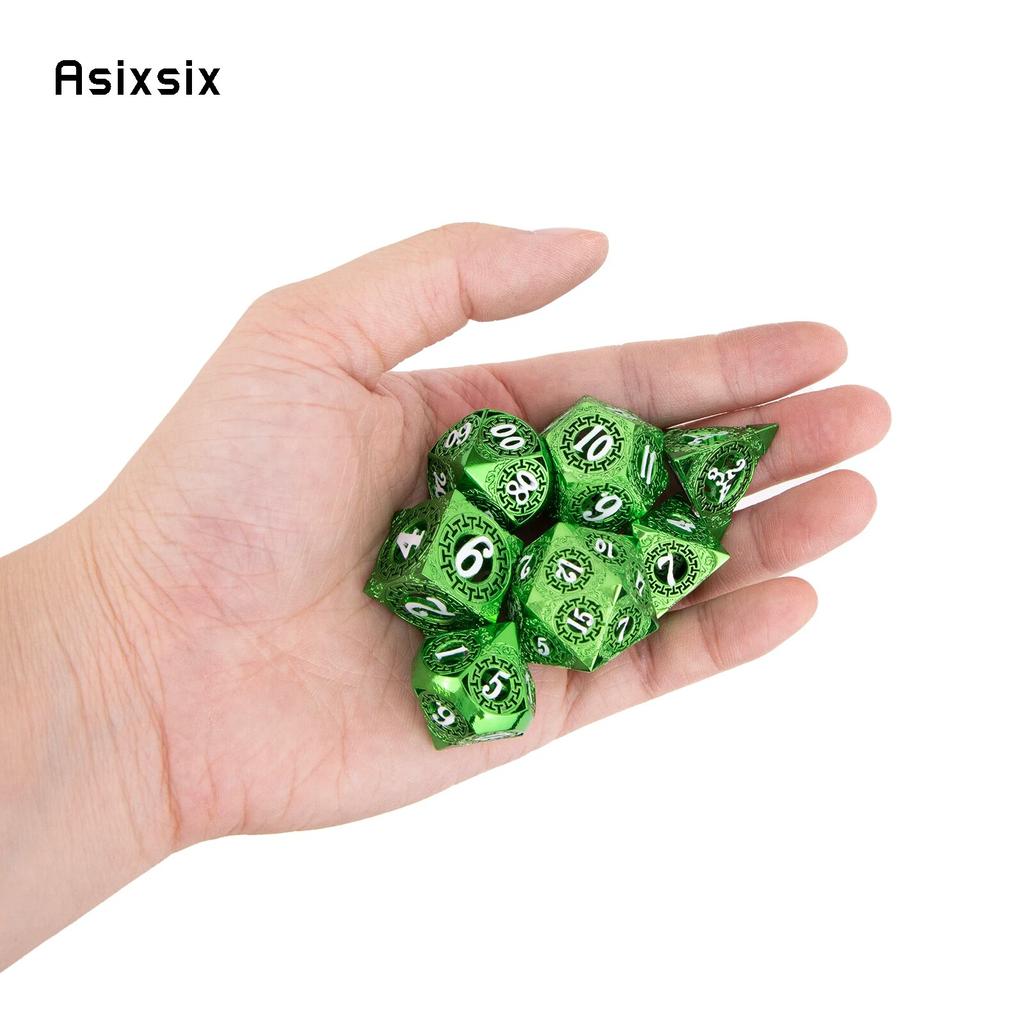 7 Pcs Green White Gear Wheel Metal Dice Hollow Metal Polyhedral Dice Set Suitable for Role-Playing RPG  Board Game Card Game