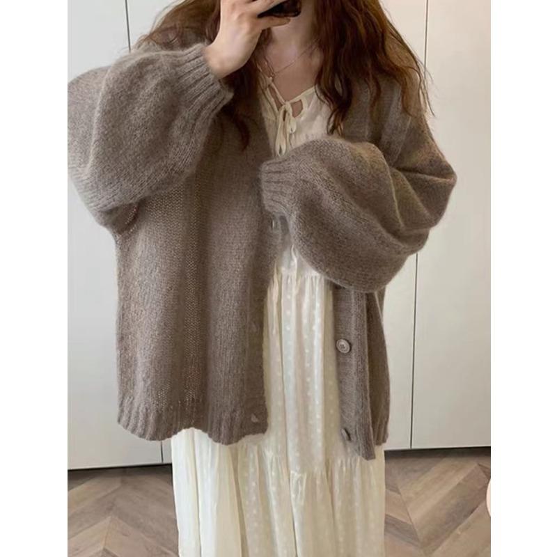 Fashion Lantern Long Sleeve Knitted Cardigan Jacket Women's Loose Elegant Medium and Long Sweater Thin Casual Simple Top Office Autumn Winter Clothing
