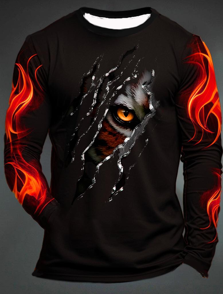 3D Printed Flame Scratch Pattern 3D Printed Autumn Men's Crew Neck T-Shirt Casual Long Sleeve Oversized Pullover Fashion Tops