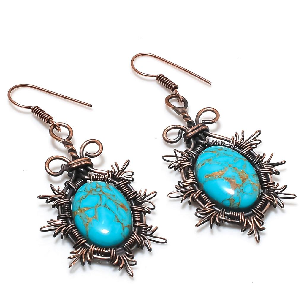 Blue Copper Turquoise Handmade Gemstone Earrings, 999 Copper Wire Wrapped Earrings Antique Jewelry, For Engagement Gift