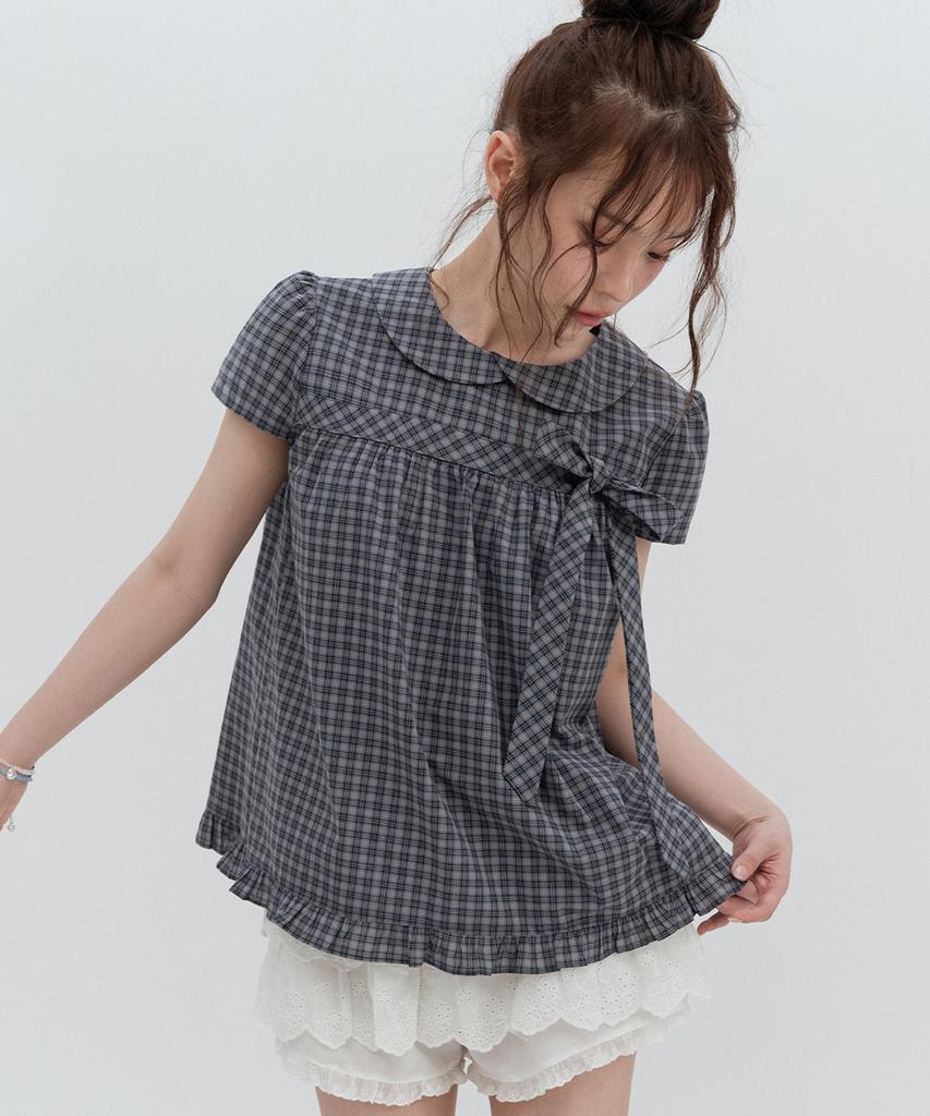 HIGH SCHOOL DISCO Check Ribbon Round Collar Blouse