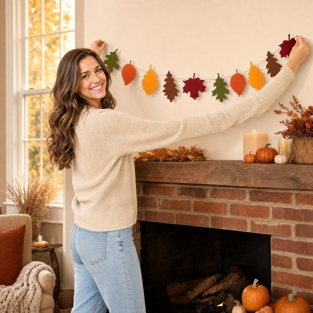 Autumn Leaves Garland Fall Leaf Wall Hanging Decoration for Fireplace Mantel Seasonal Party Decor Indoor Outdoor Use