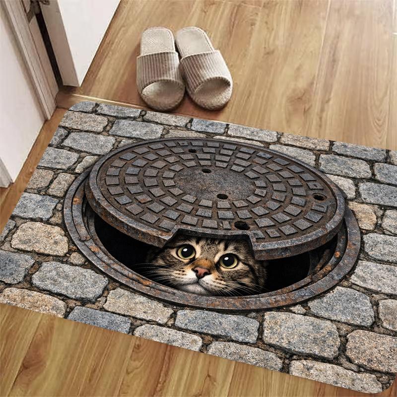 3D Visual Cat Manhole Cover Door Mat Anti‑Slip Absorbent Floor Mat For Entrance Hallway Indoor Home Decor