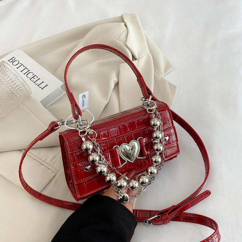 Vintage High-end Fashion Chain Shoulder Bag For Women 2023 Autumn Winter Cross-border Trend Pearl Chain Small Square Bag красный