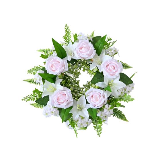 Artificial Floral Wreath for Front Door Realistic Large Rose Lily Flower Wreath with Leaves for Spring Valentine's Mother's Day Wedding Home Decor
