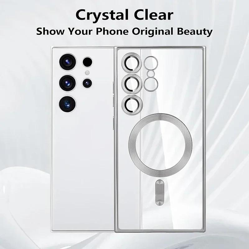 Plating Transparent Magnetic Case for Samsung Galaxy S25 S24 S22 S21 S23 Ultra Plus Magsafe Wireless charge Silicone Soft Cover