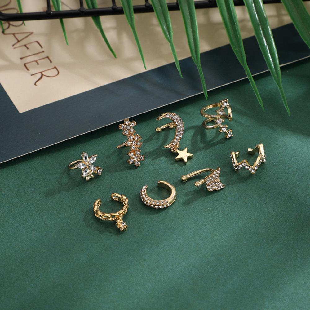 New Fashion Butterfly Star Moon Diamond U-Shaped Camellia Stud Earrings Hole-Free Ear Clips 8-Piece Set