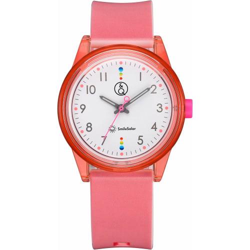 Q&Q SmileSolar (Q&Q Smile Solar) Solar-Powered Analog Watch with Matching Style, Waterproof Urethane Strap, RP26-007, Pink