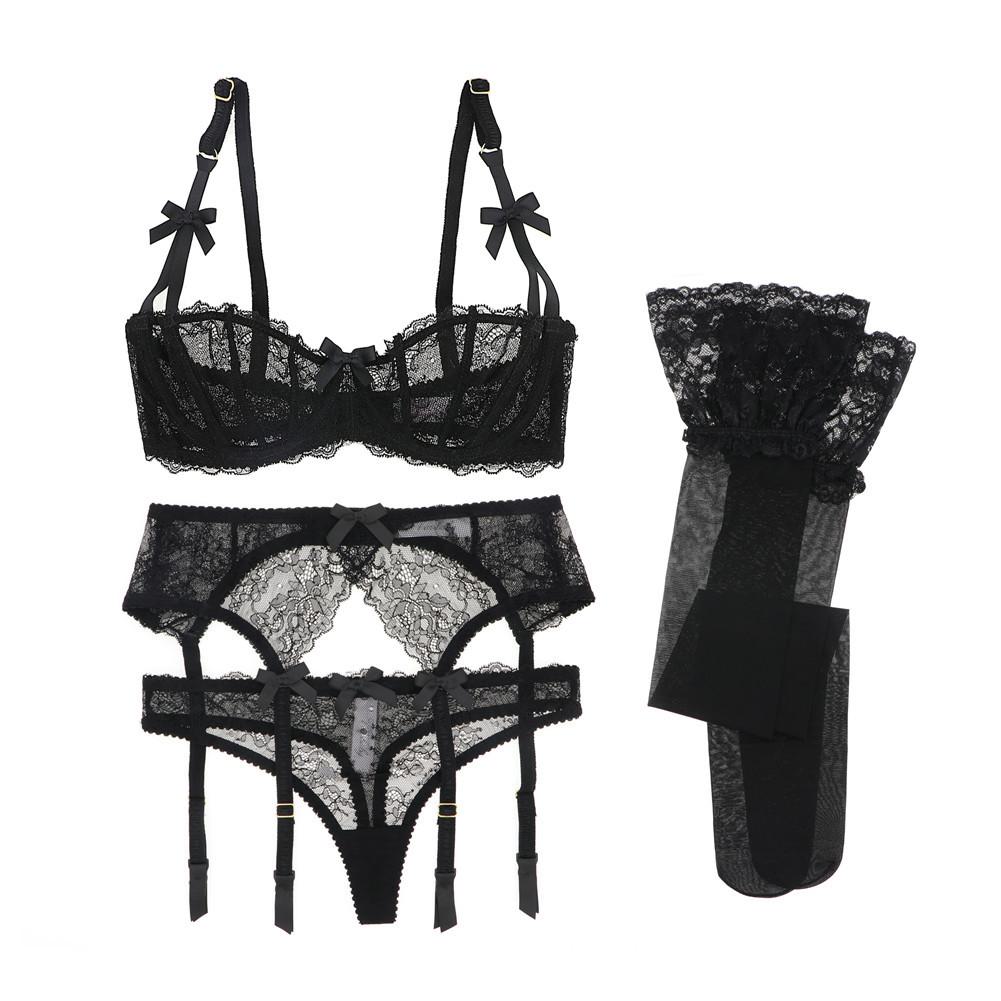 Sexy Lace 4-piece Lingerie Set - Women's Bra, Panties, Garter, Stockings