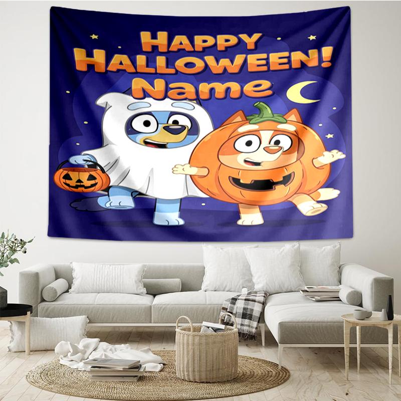 Custom Name Bluey Print Tapestry, Backdrop, Easy Setup, Ideal for Bedroom, Office & Living Room, with Aesthetic Wall Hanging Decor.
