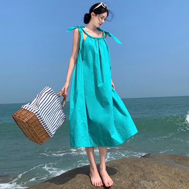 Summer Green Slimming Tie-Up Slip Dress for Women - Seaside Vacation