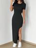 2026 Summer Retro Short-Sleeve Slim-Fit Long Dress with Round Neck and Side Split
