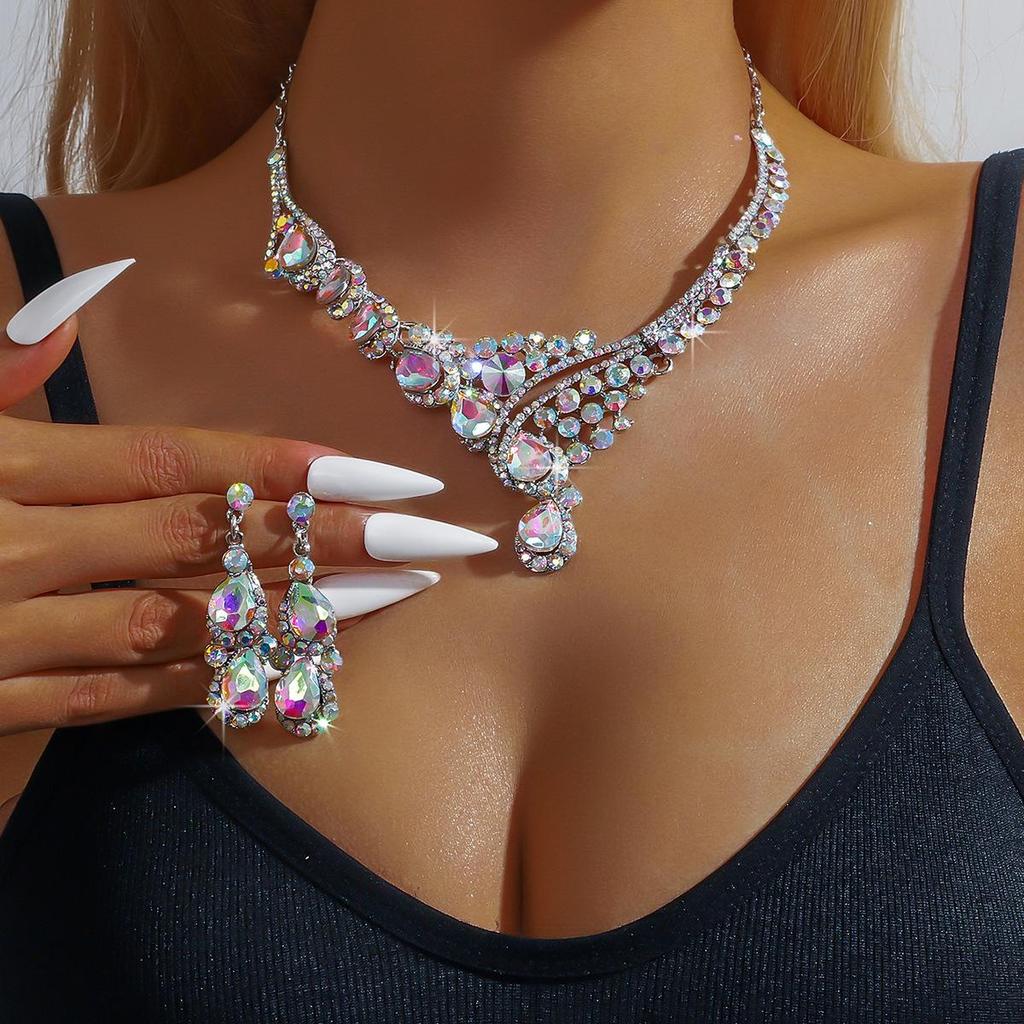 Colorful Rhinestone Crystal Necklace & Earrings Set for Women - Prom Costume Accessories