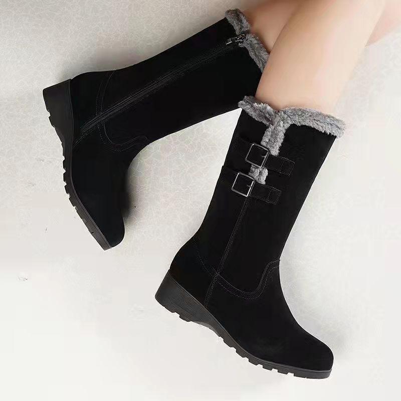 High Boots Women Warm Plush Suede Ladies Long Boots Comfortable Winter Female Wedge Cotton Shoes Mid-calf Fur Zapatos Mujer 2025