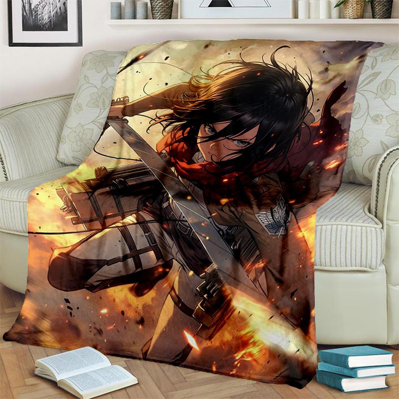 3D Cartoon Attack on Titan Eren Mikasa Anime Blanket,Soft Throw Blanket for Home Bedroom Bed Sofa Travel Picnic Cover Kids Gift