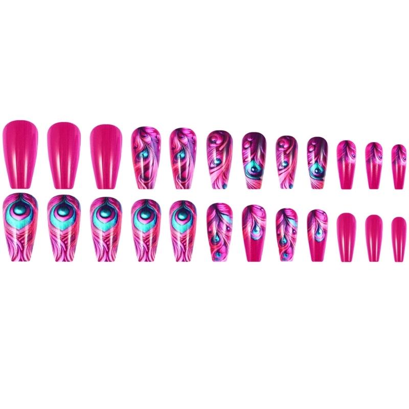 Womens Square Full Cover Medium Length Artificial Nail with Hot Pink Feathered Design 24 Pieces Set Coffun Press On Nail