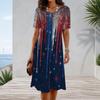 Women Plus Size Round Neck Short Sleeve Star Printed A Line Dress Red White Blue