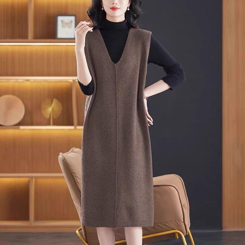 

Платье большого размера с вырезом в форме сердца, длинное, вязаное из шерсти - стройнящее и стильное для весны и осени Plus Size (65-72.5 kg)