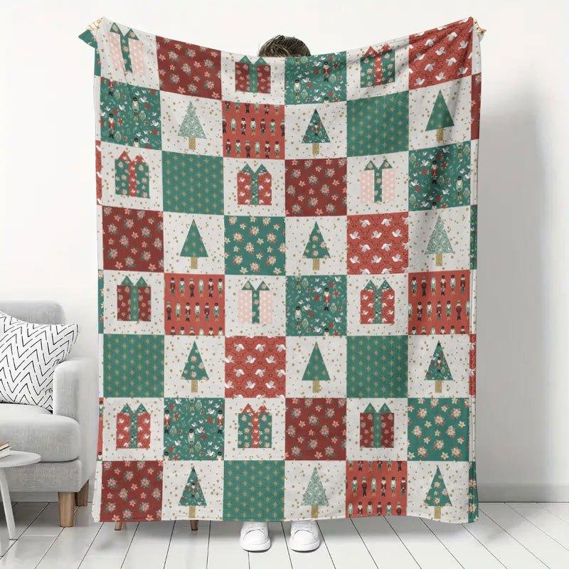 1pc Christmas Patchwork Style Flannel Blanket, Soft Warm Nap Blanket, Autumn Home Decor Applicable, Retro Red Green Christmas Elements Gift Christmas