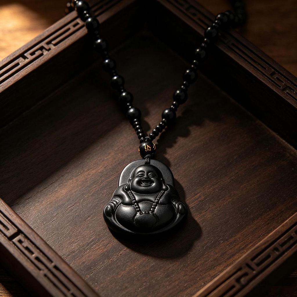 Daily new style black laughing Buddha pendant with beads necklace Buddha amulet men and women couple versatile accessory sweater chain