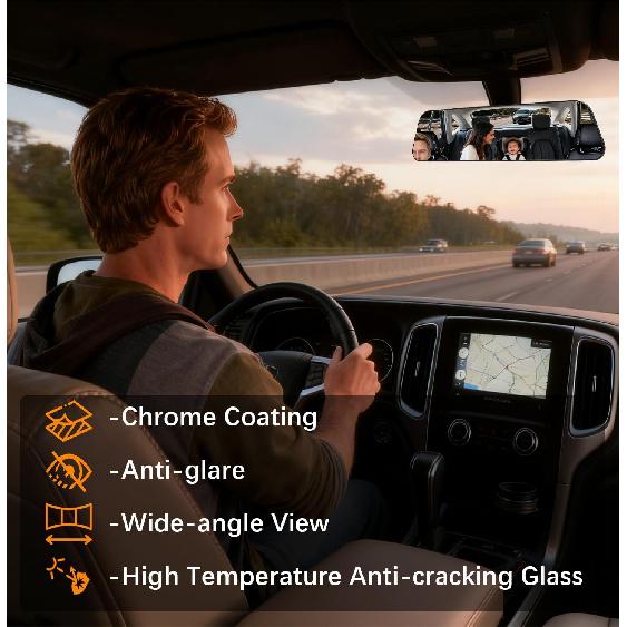 Rear View Mirror, 12 Inch Chrome Anti-Glare Panoramic Rear Mirrors Universal Convex Car Interior Clip On Extra Big Wide Angle Rearview Mirror