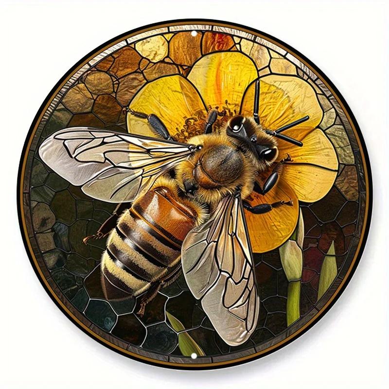 Round Metal Aluminum Sign Bee & Honeycomb Decorative Plates Entrance Decor Gift Mask Theme For Bar Club Home Room Wall Decor