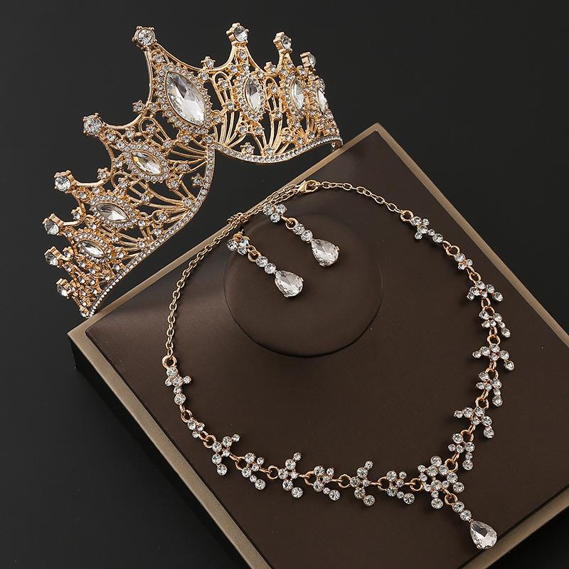 Brautkrone Legierung Strass Stirnband Hochzeit Geburtstag Krone Tiara Halskette Ohrringe Dreiteiliges Set Farbe