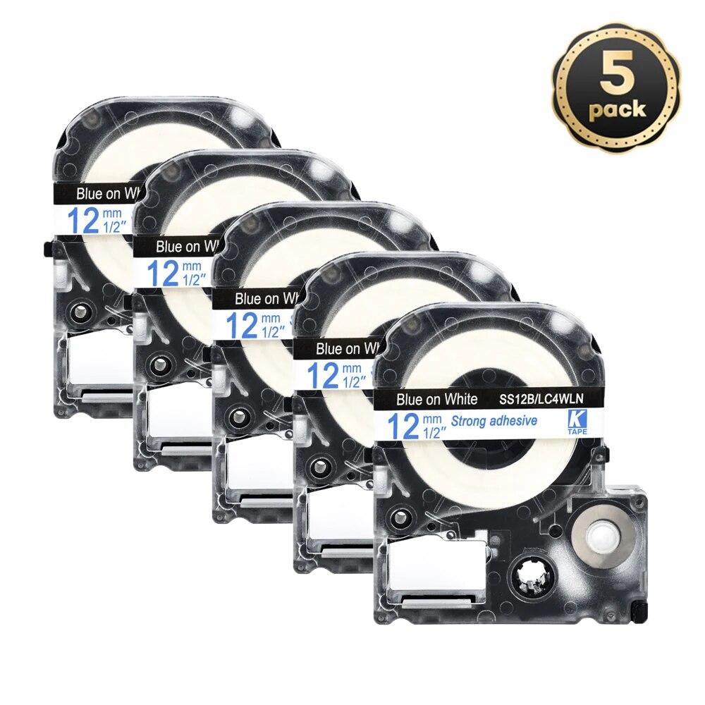5 pachete 12 mm negru pe alb etichetă compatibilă Epson LC-4WBN / SS12KW SC12RW SC12YW ST12KW pentru imprimanta Epson LW300 LW400 500 600