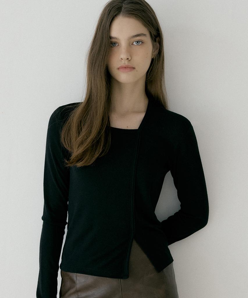 REORG Rie Diagonal Neck Slim T-Shirts Black