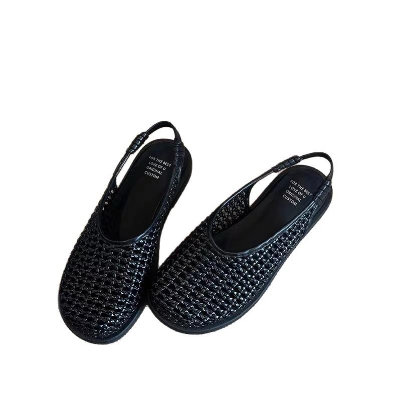Spot Version~ Summer New French Round Head Hollow Woven Sandals with Breathable and Comfortable Shallow Mouth Single Shoes Women