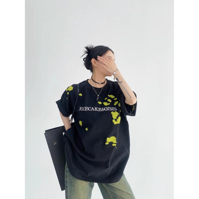 

Short-sleeved T-shirts Women s Summer Embroidered Flower Medium Long Loose All Match Niche Crew Neck Top S чёрный